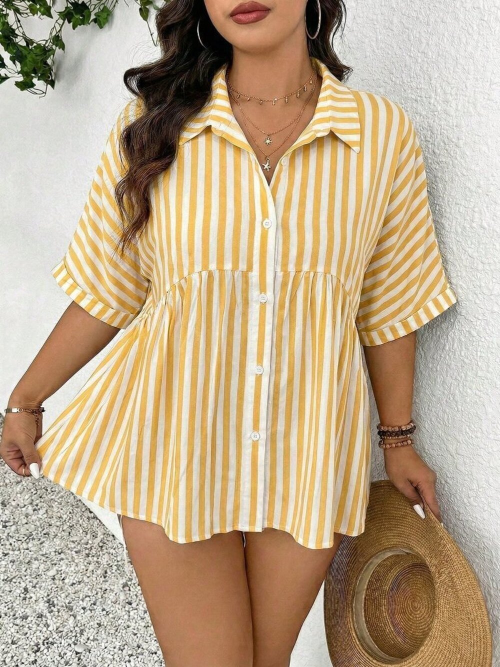 Yellow Chic Women's Striped Print Button Down Short Sleeve Top - Picture 1 of 7